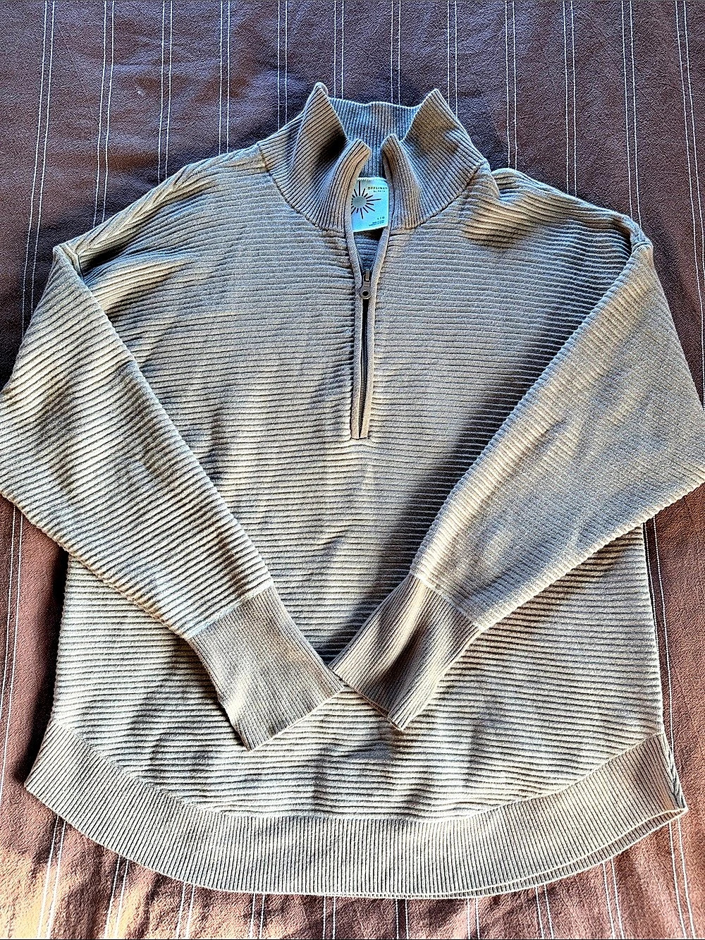 Offline by Aerie Striped Quarter Zip Sweater in Brown Size Large